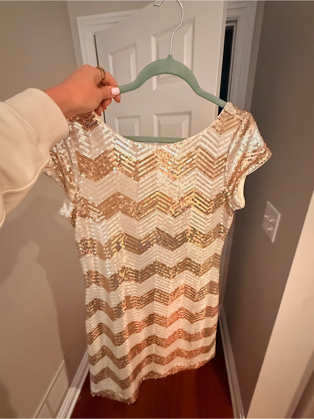 White House Black Market Gold & White Sequin Chevron Tunic